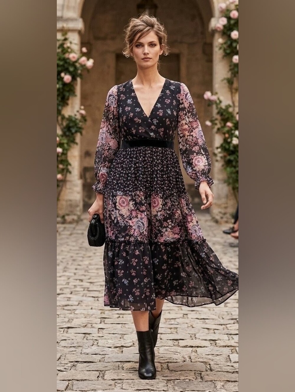 Loft By Anne Taylor Floral V-Neck Black & Pink Tiered Midi Dress